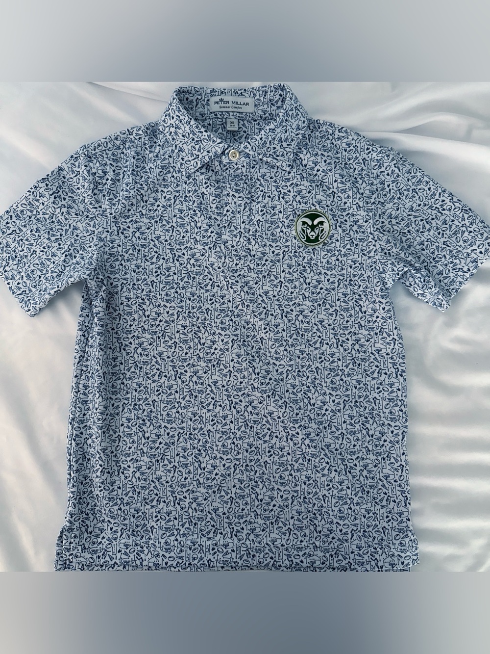 Peter Millar Light Blue Printed Kids Polo with Green Ram Patch